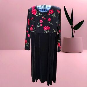 COLDWATER CREEK Velvet Floral Black Maxi Dress with Red Accents Long Sleeves